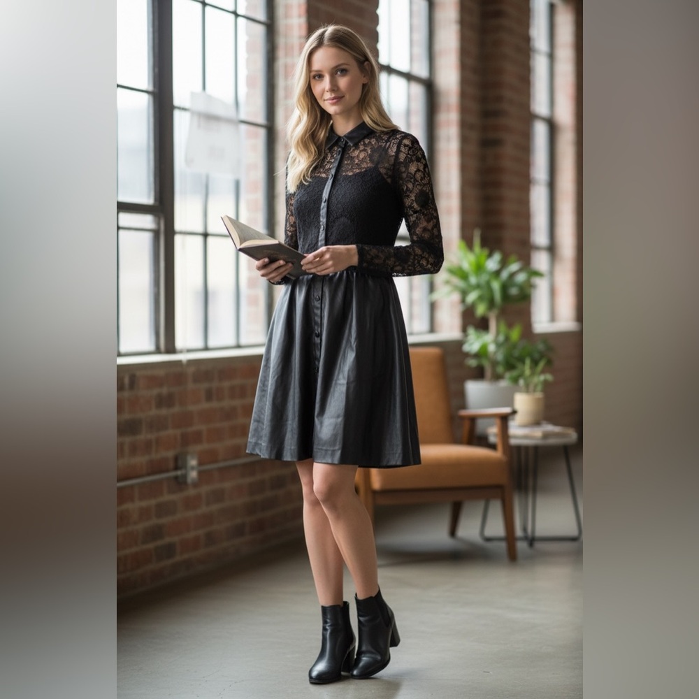 Boston Proper Black Lace Faux Leather Dress Size 14 Long Sleeve A-Line